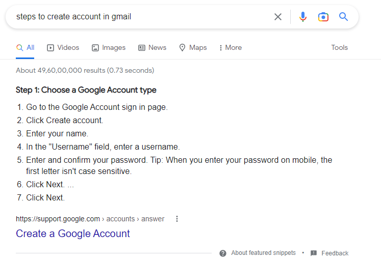Steps to create account in gmail