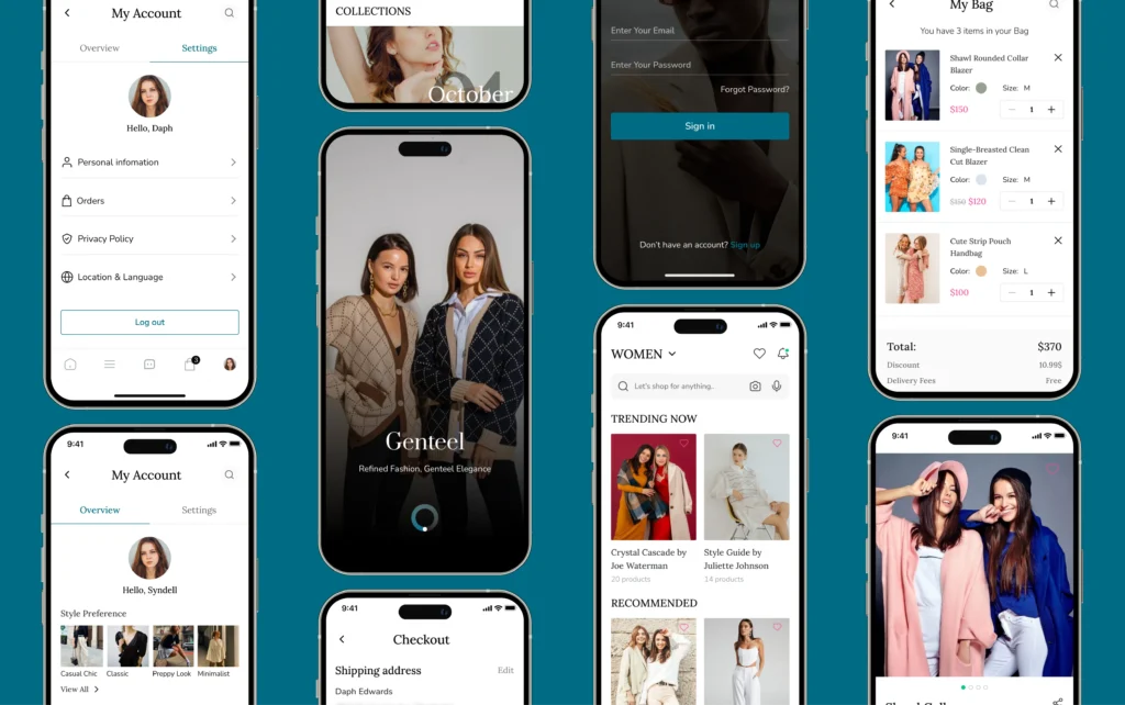 Garment and textile fashion app screens showing user account, product collections, and shopping bag on multiple phones