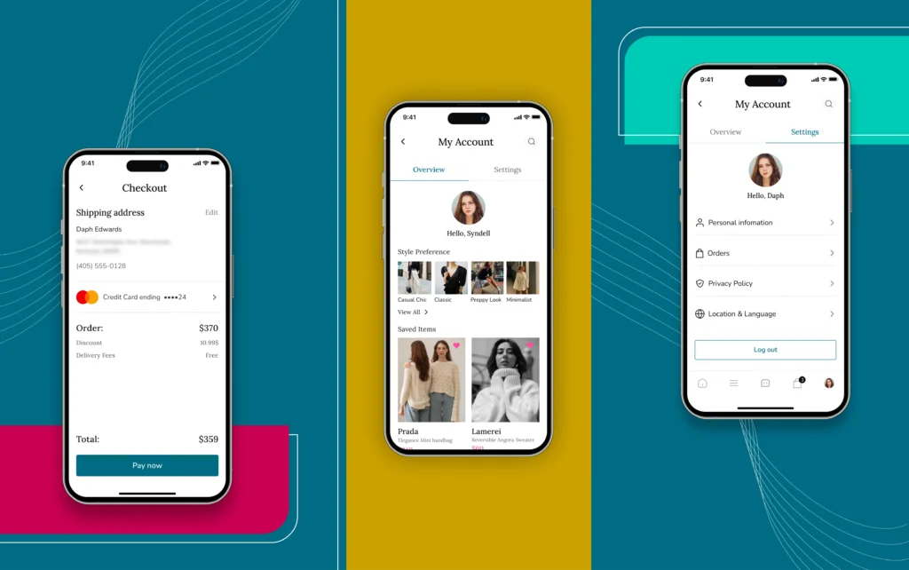 Fashion textile app checkout screen, account overview with style preferences, and settings displayed across three phones