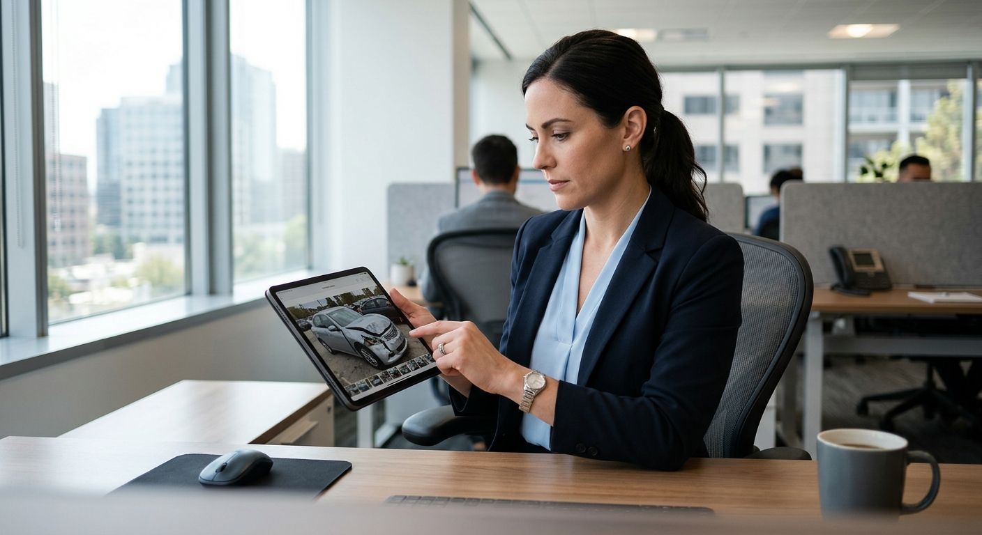 Insurance claims adjuster reviewing damage assessment photos on a tablet