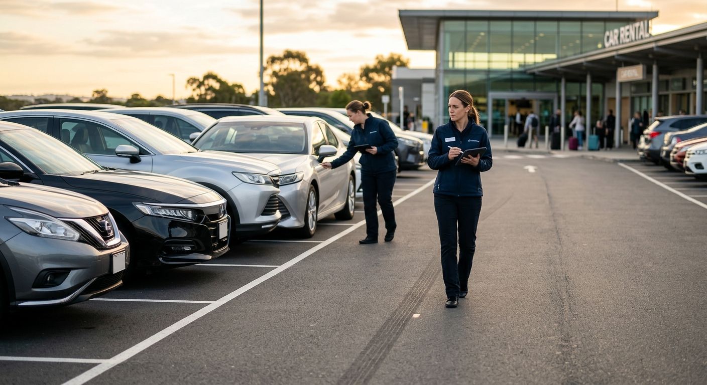 Rental operations manager checking vehicles at a car rental lot