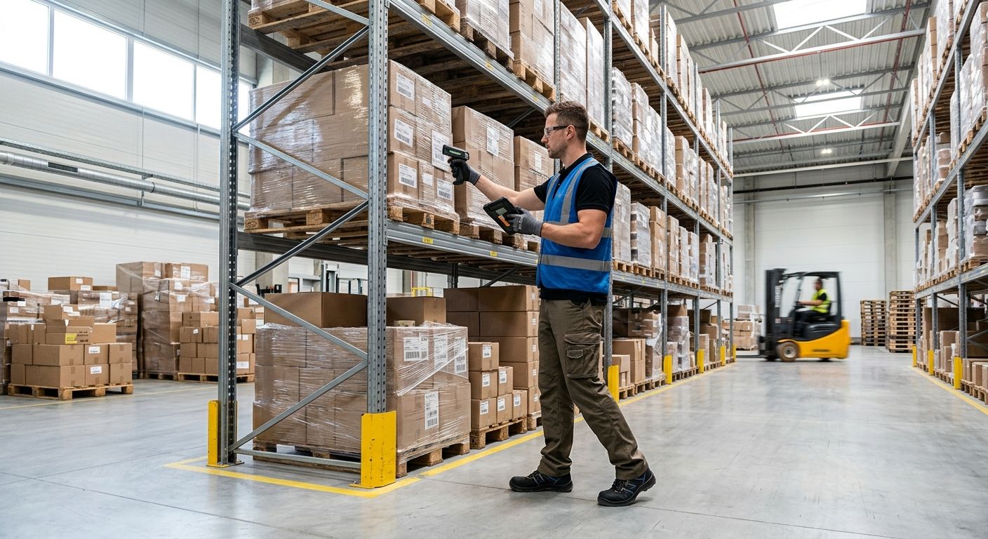 Worker checking inventory with a tablet inside a logistics distribution warehouse