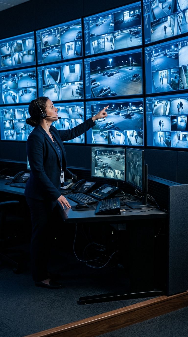 Security operations manager monitoring multi-site video surveillance feeds