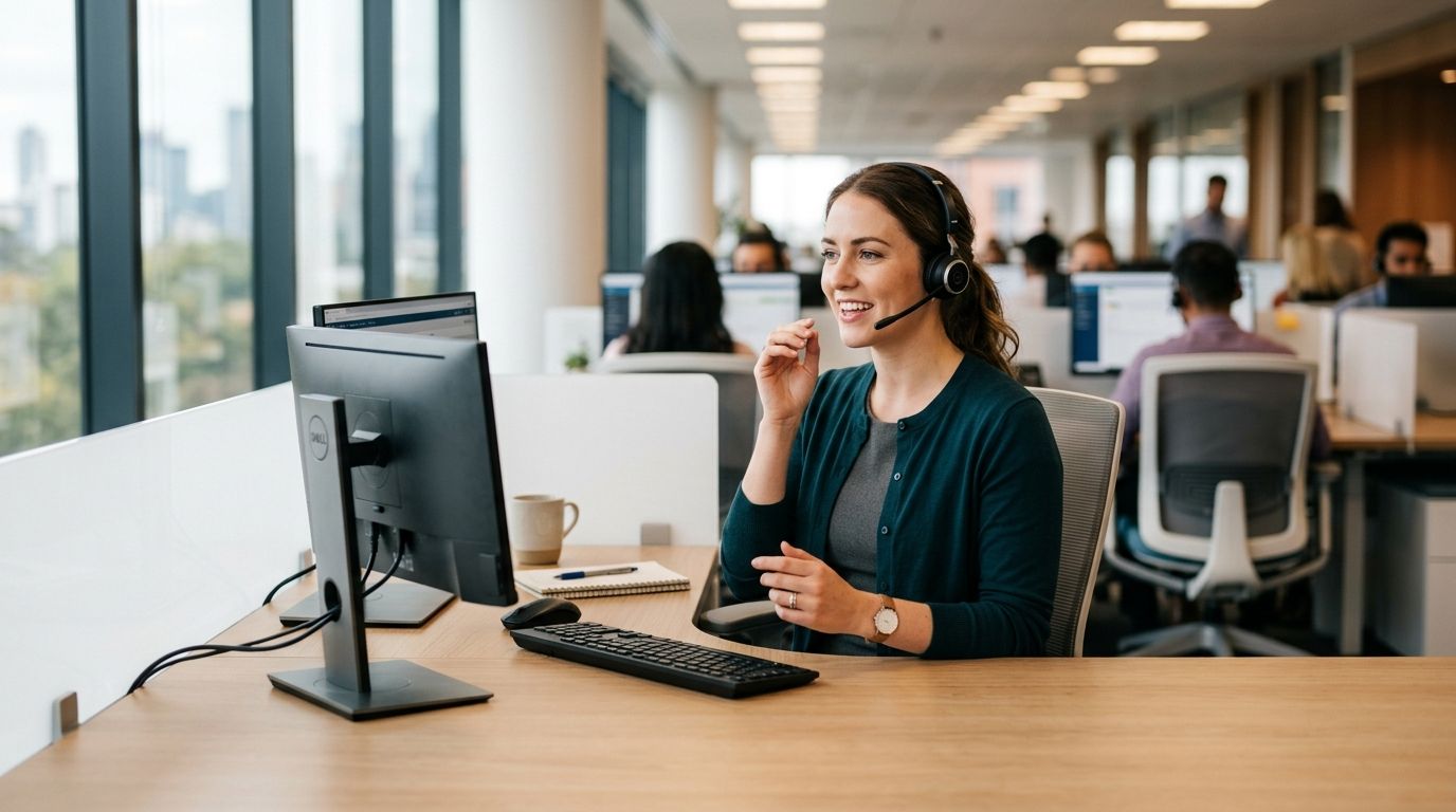 Call center agent with headset assisting a customer