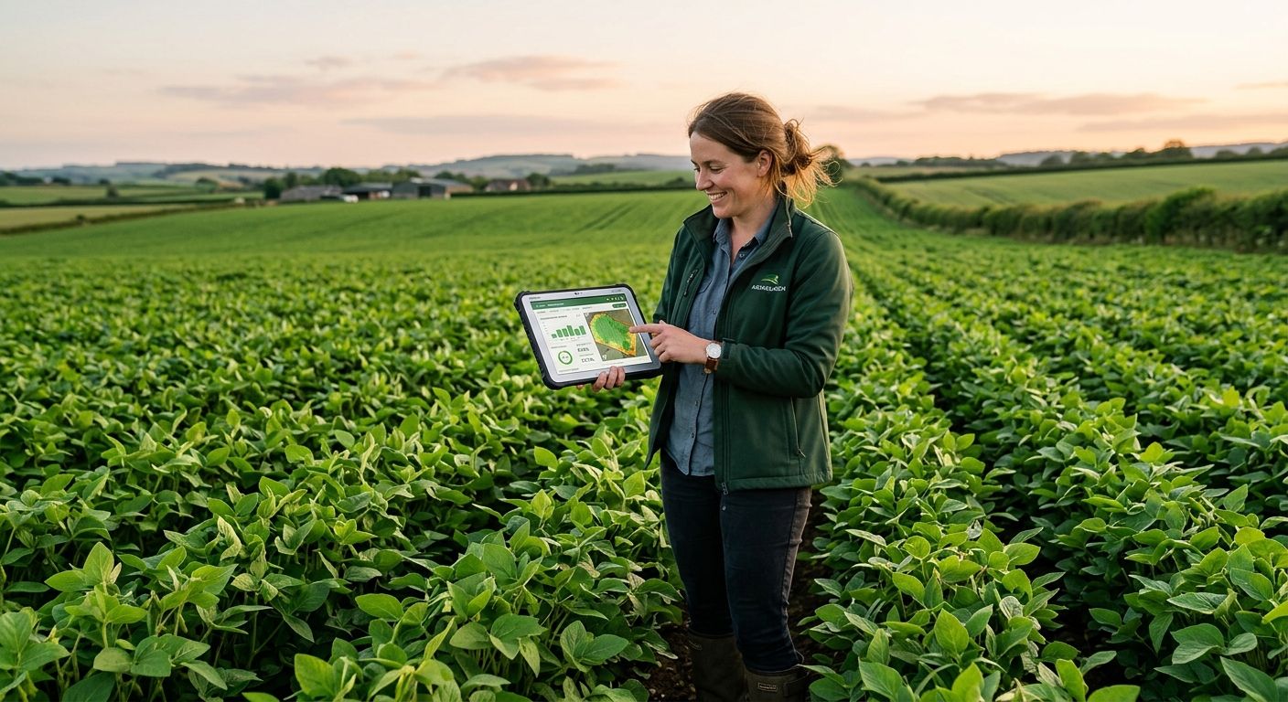 Agronomist reviewing field data on a tablet in a crop field