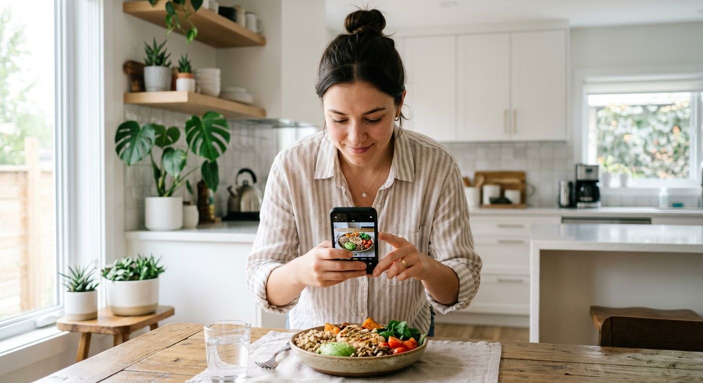 Person photographing a healthy meal bowl with a smartphone in a bright kitchen