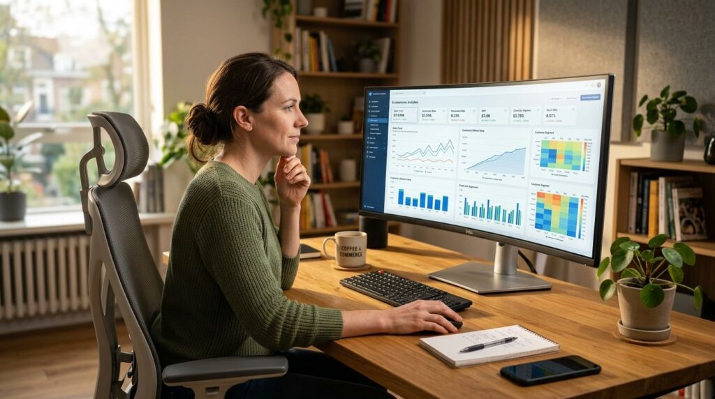 E-commerce manager reviewing AI customer lifetime value analytics