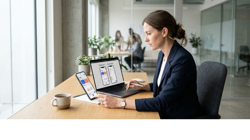 Operations manager reviewing AI supply chain forecasting dashboards in a warehouse