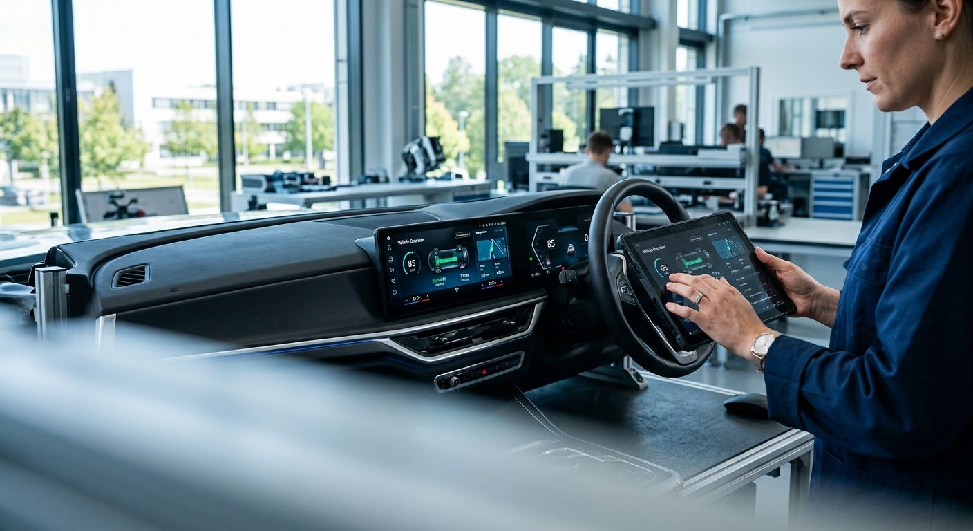 Automotive engineer reviewing connected vehicle software on a tablet in an engineering lab