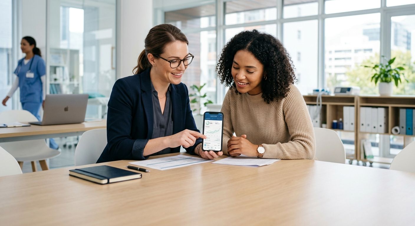Two startup founders reviewing a mobile health app in a clinic office