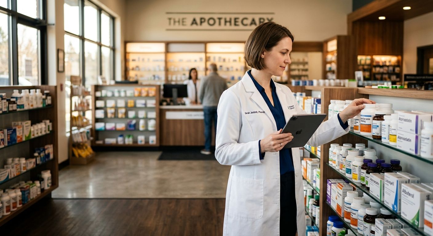 Pharmacist reviewing medications with a tablet in an independent pharmacy