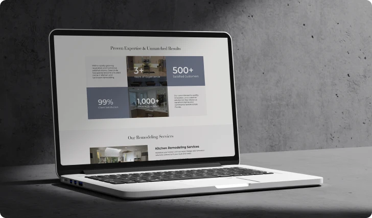 Casa Linda Kitchen & Bath website on a laptop, showing its remodeling stats and services