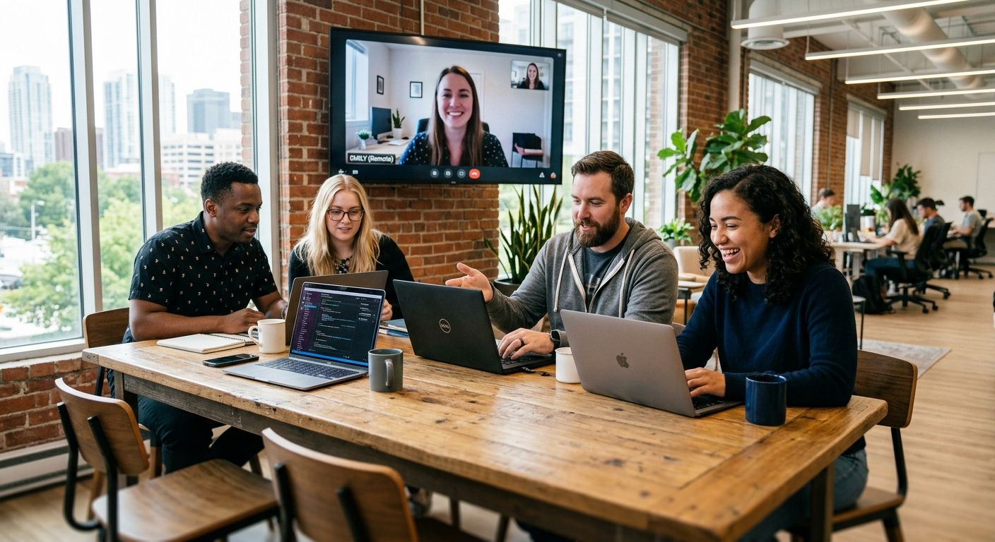 Mixed in-house and remote software team collaborating around laptops in a modern office