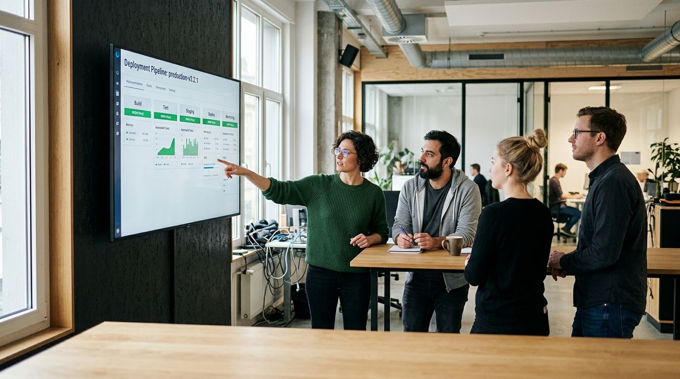 Engineering team reviewing a DevSecOps deployment pipeline
