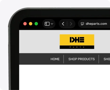DHE Parts storefront in a desktop browser window