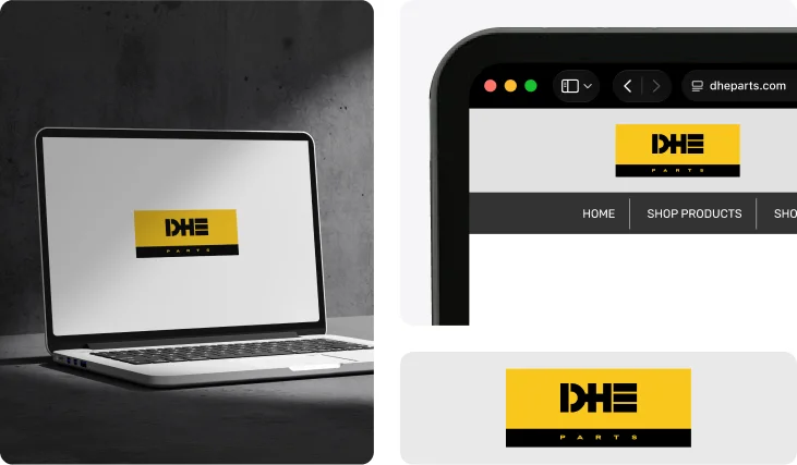DHE Parts branding + laptop mockup