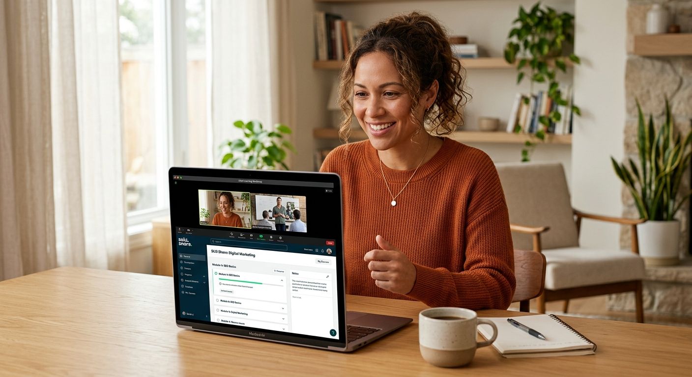 Adult learner on a video call with an online course platform open on a laptop