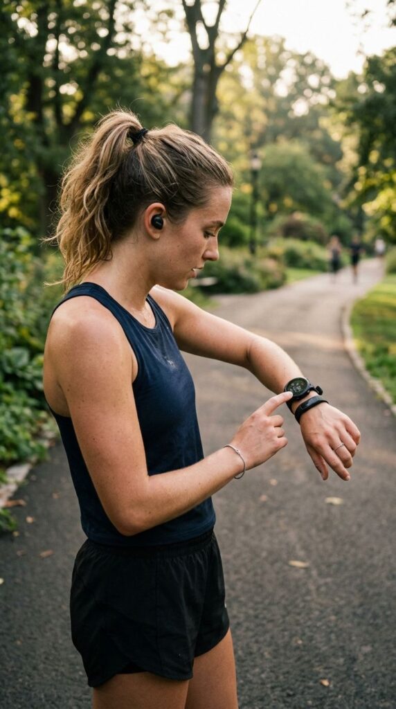 Runner checking a fitness tracker on a smartwatch