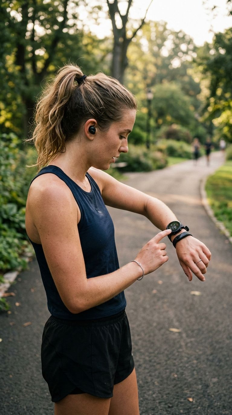Runner checking a fitness tracker on a smartwatch