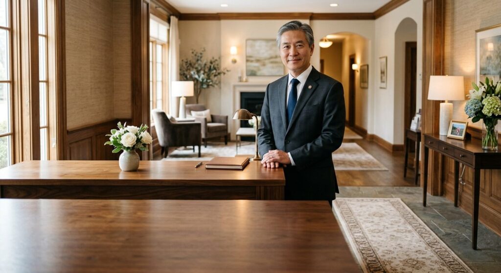 Funeral home director standing at a reception desk in a serene funeral home interior