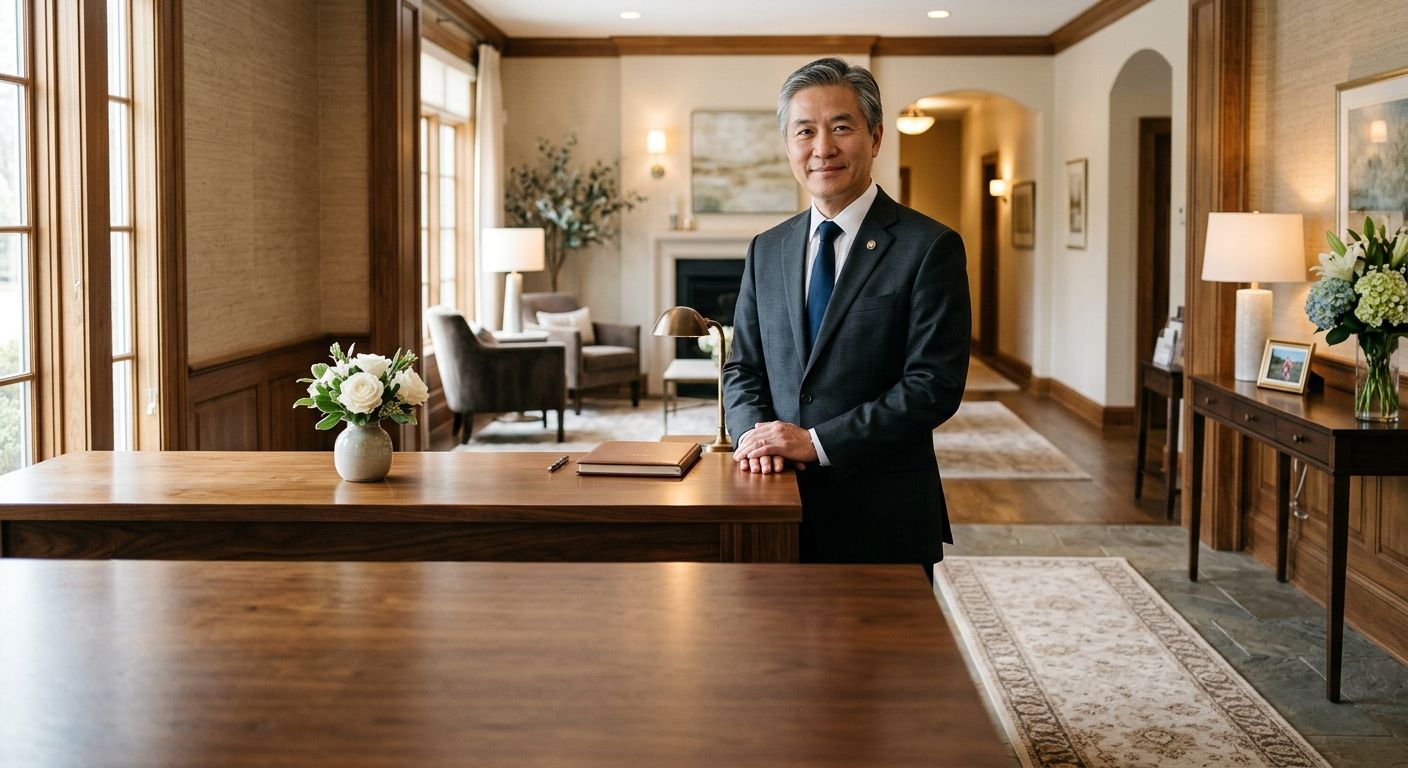 Funeral home director standing at a reception desk in a serene funeral home interior