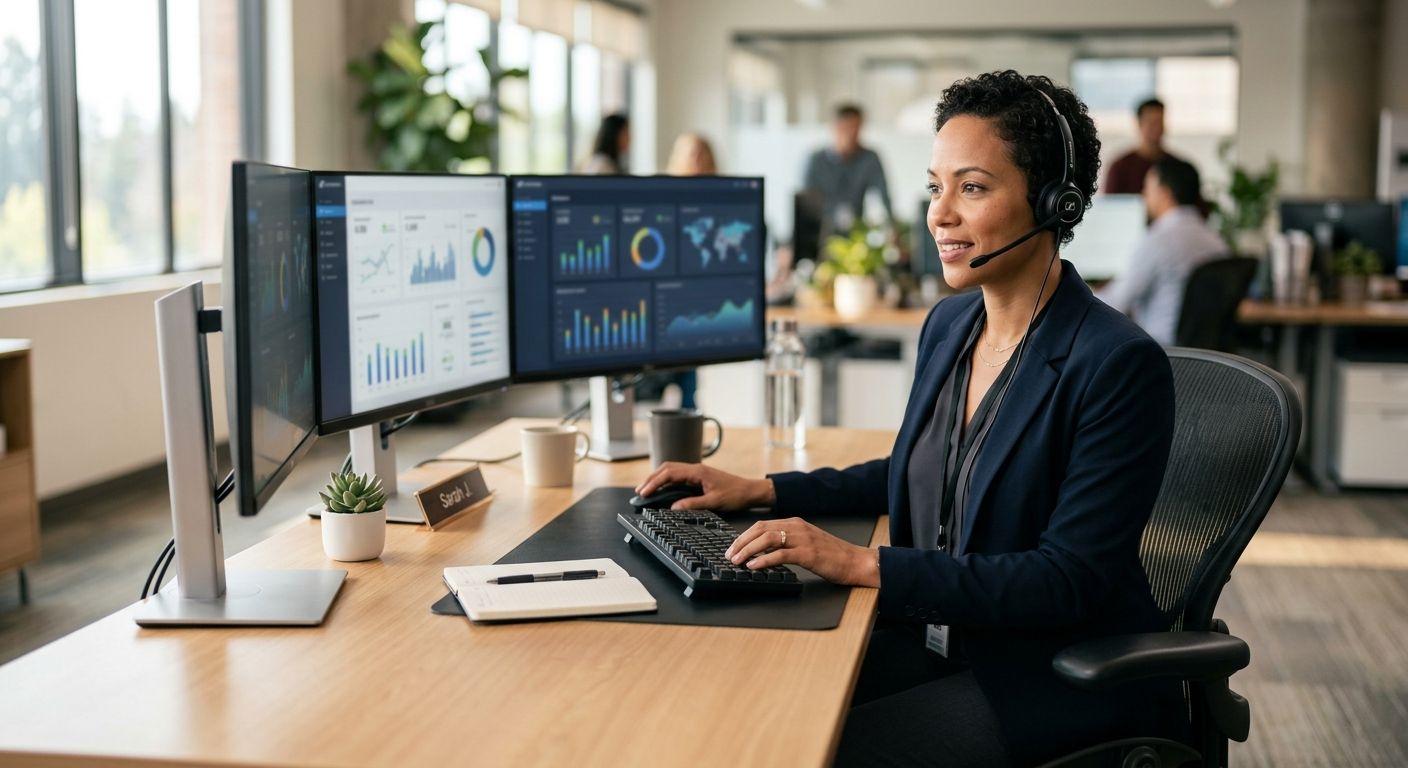 Support operations manager working with dashboards and a headset