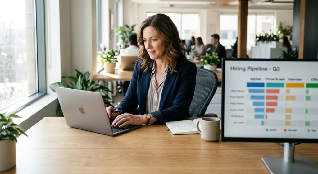 HR leader evaluating an AI recruiting pipeline on a laptop and screen