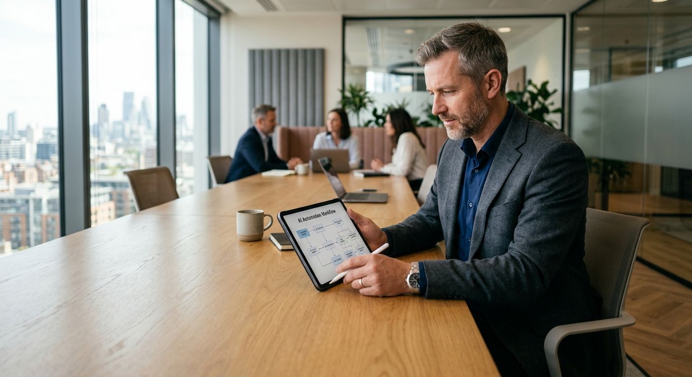 Business owner reviewing an AI automation workflow on a tablet