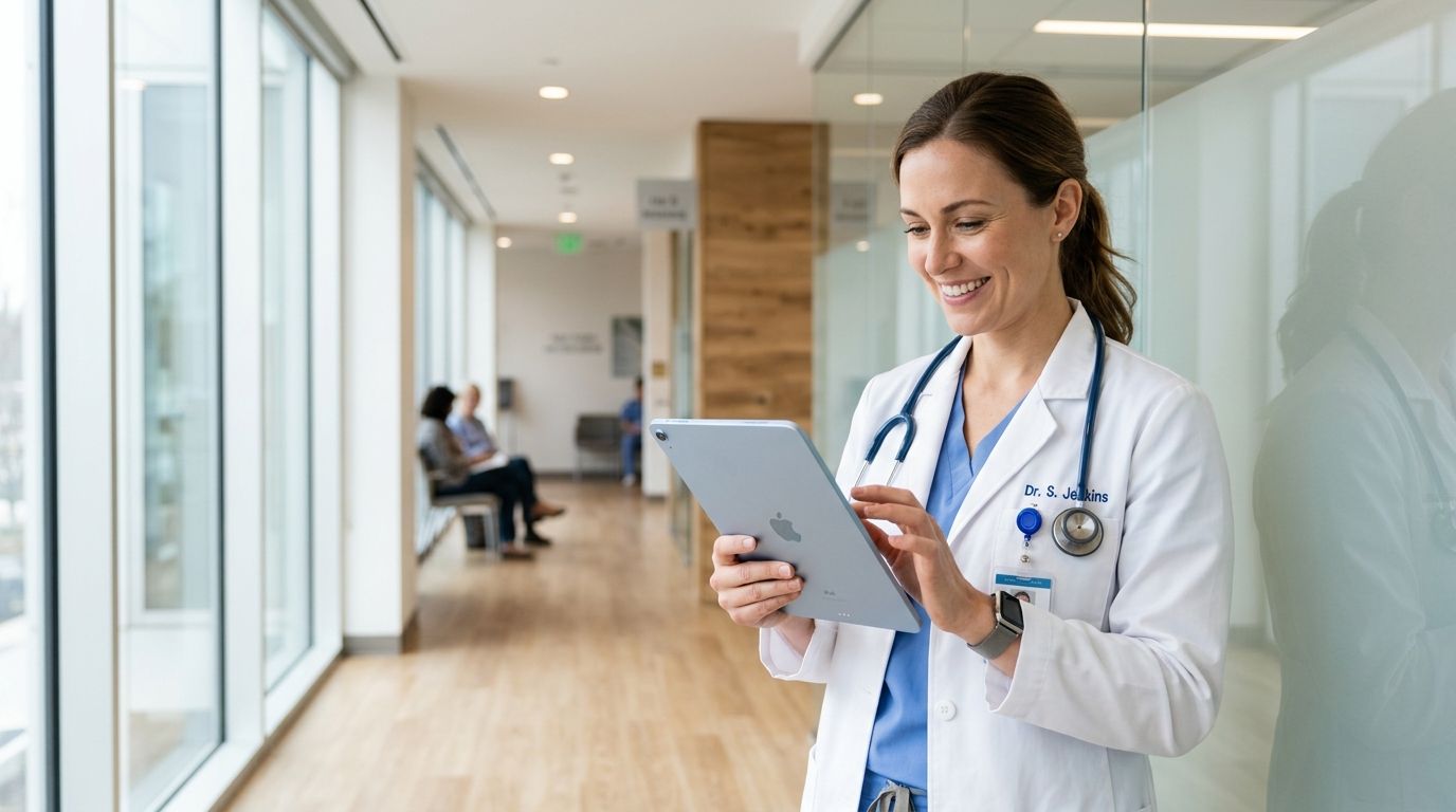 Doctor using a tablet with a patient health app in a modern clinic
