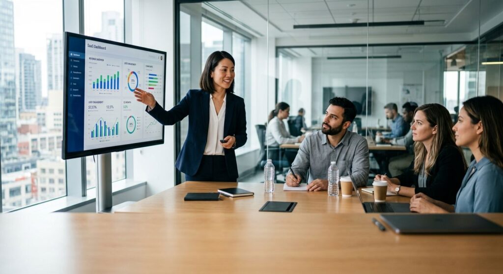 Product manager presenting a SaaS dashboard to colleagues