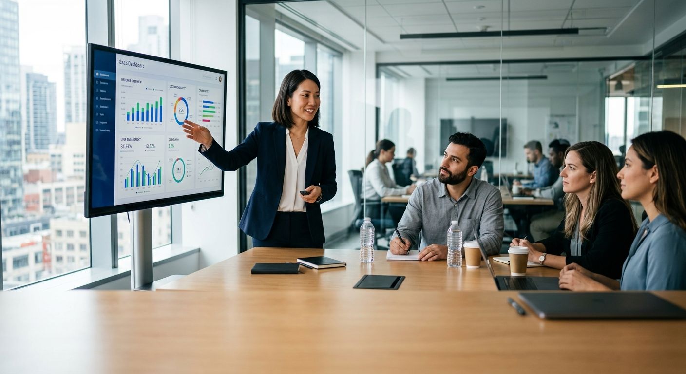 Product manager presenting a SaaS dashboard to colleagues