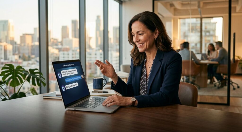 Business owner using an AI chatbot assistant on a laptop