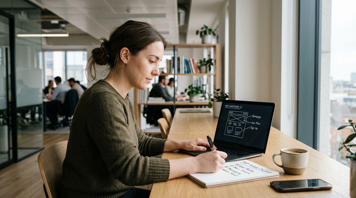 Startup founder planning an MVP feature checklist at a desk