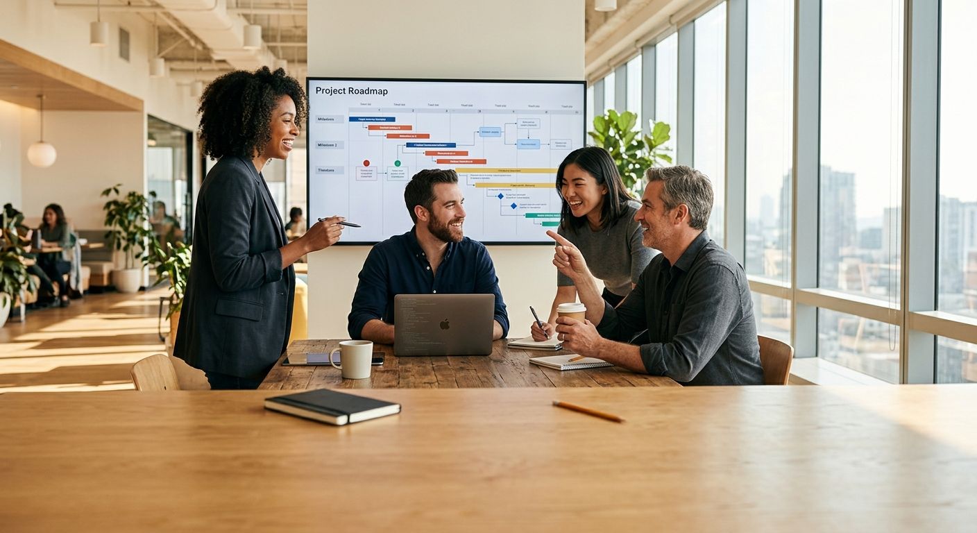 Dedicated development team collaborating on a project roadmap in a modern office