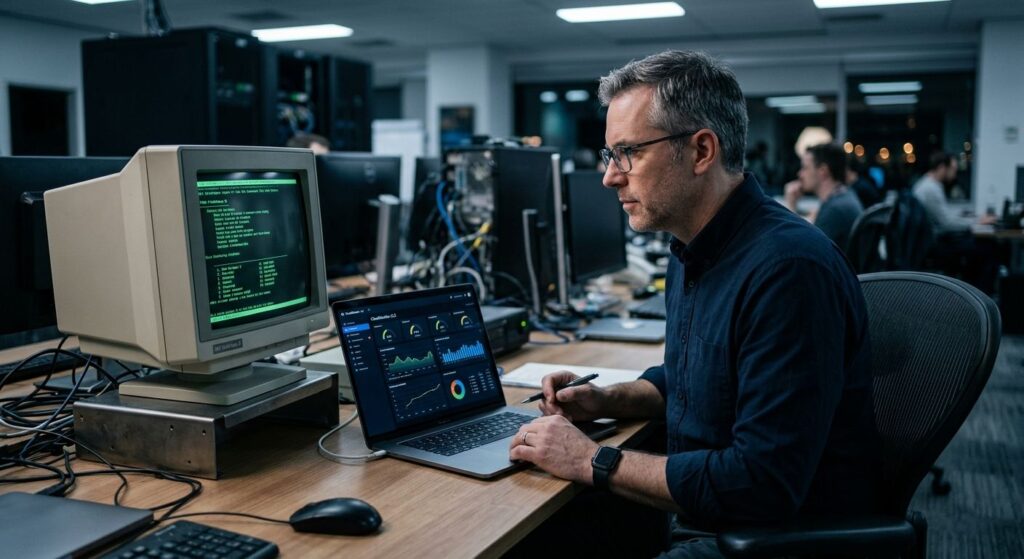 IT director comparing a legacy terminal with a modern cloud dashboard on a laptop