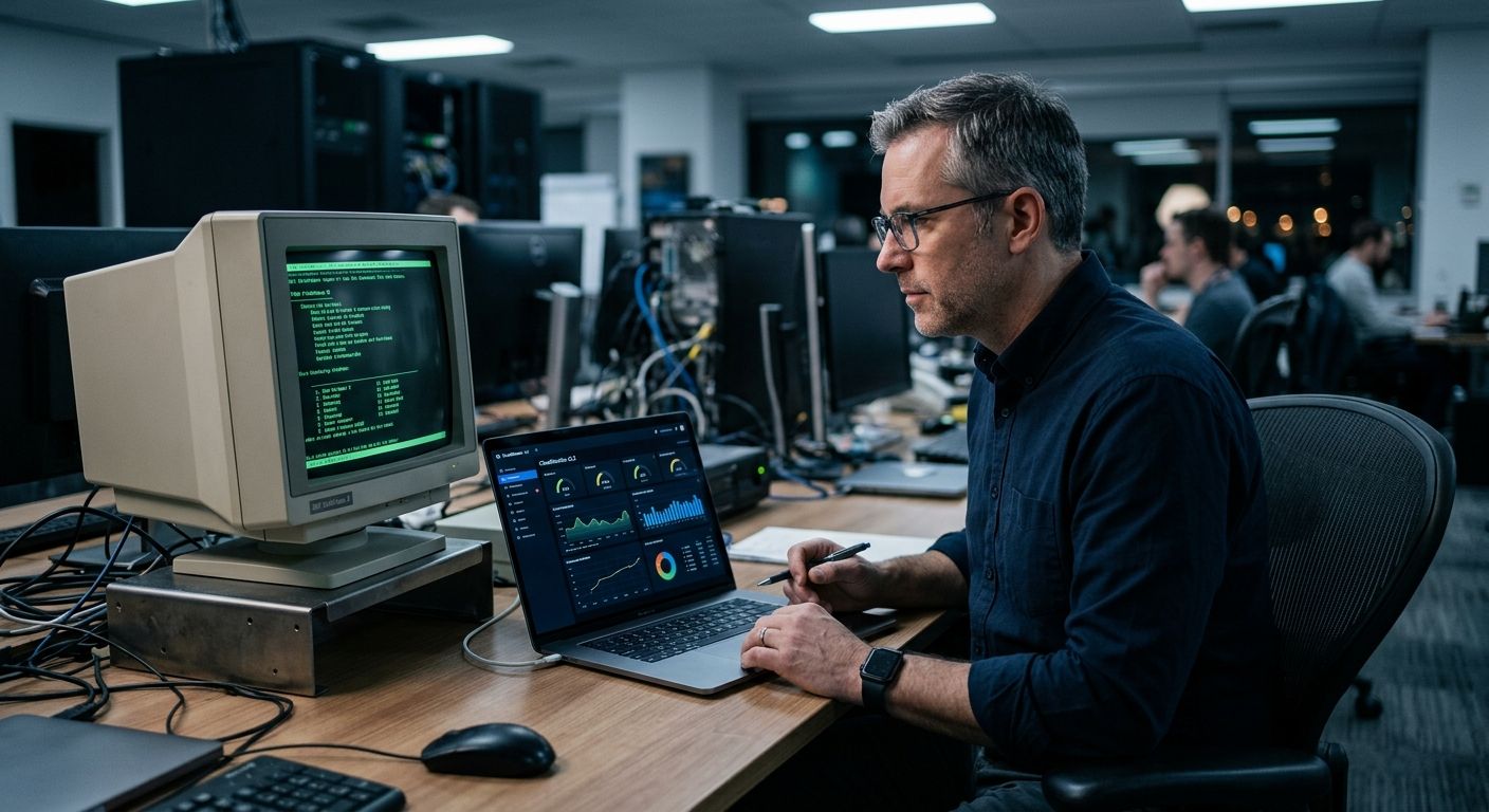 IT director comparing a legacy terminal with a modern cloud dashboard on a laptop