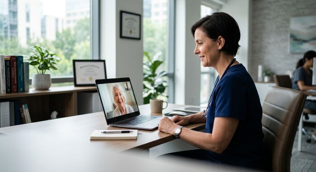 Doctor conducting a telemedicine video consultation on a laptop