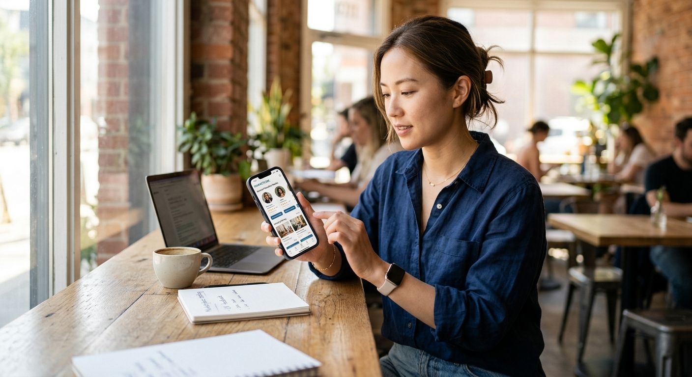 Product lead comparing two mobile app prototypes on phone and laptop