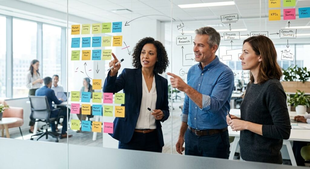 Consultant and business owners mapping a project workflow at a glass wall