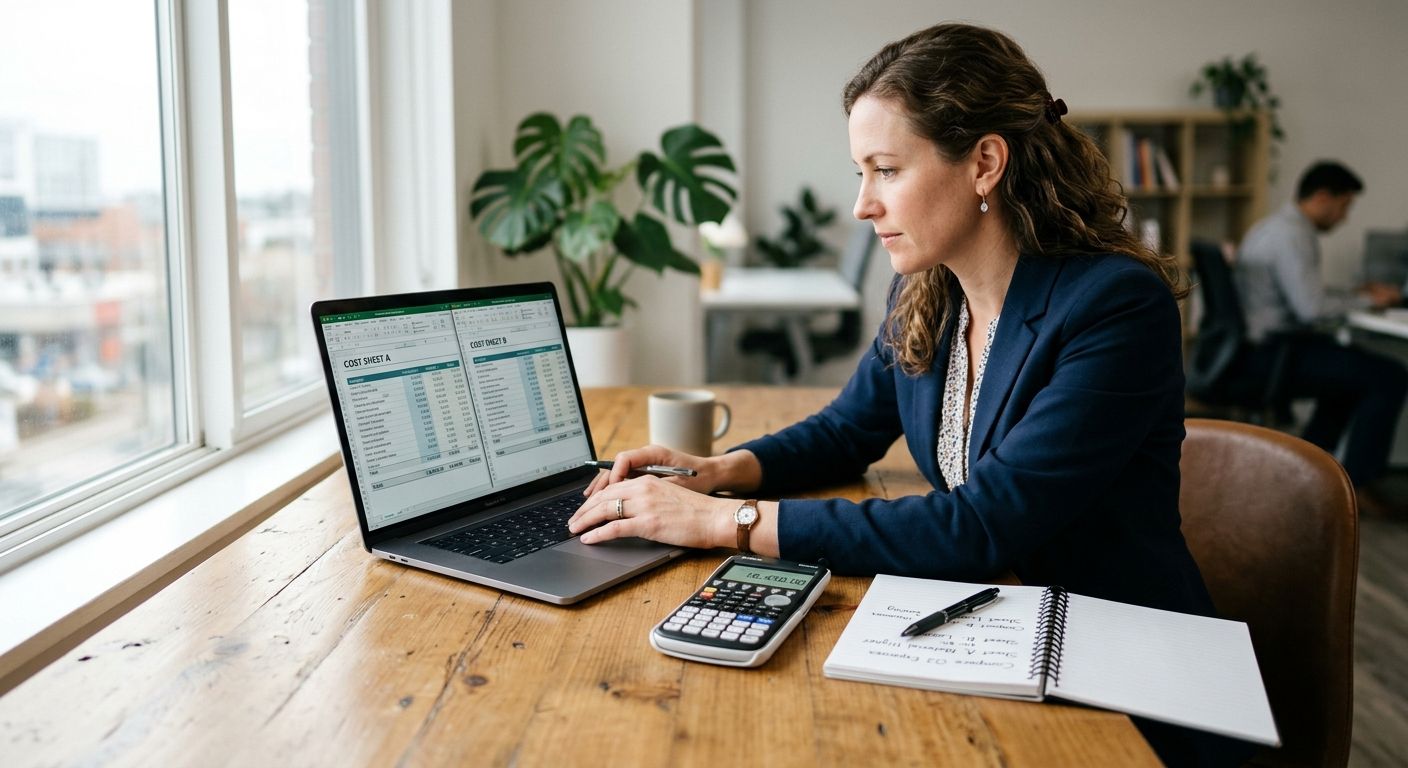 Business owner comparing in-house and outsourcing cost sheets on a laptop