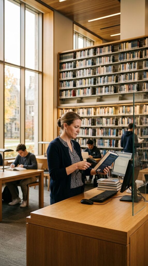 Librarian scanning a book at a modern library service desk
