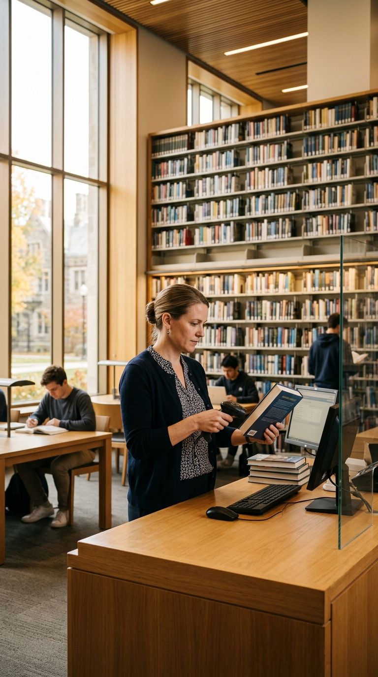 Librarian scanning a book at a modern library service desk