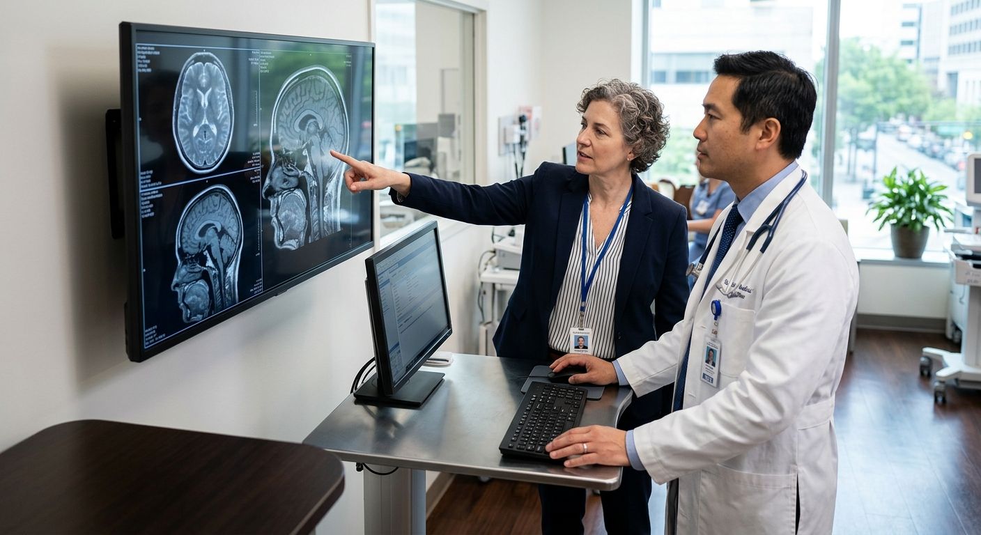 Clinical and operations leaders reviewing medical scans on a large monitor in a hospital imaging suite