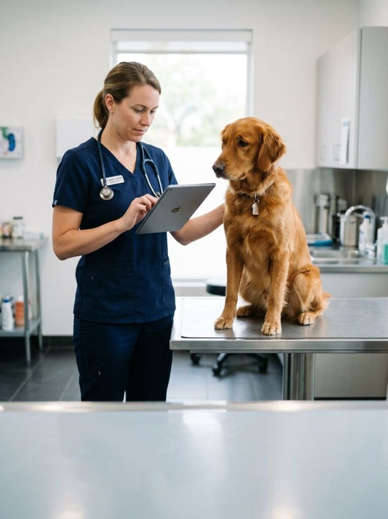 Veterinarian using a tablet beside a calm dog in a modern clinic