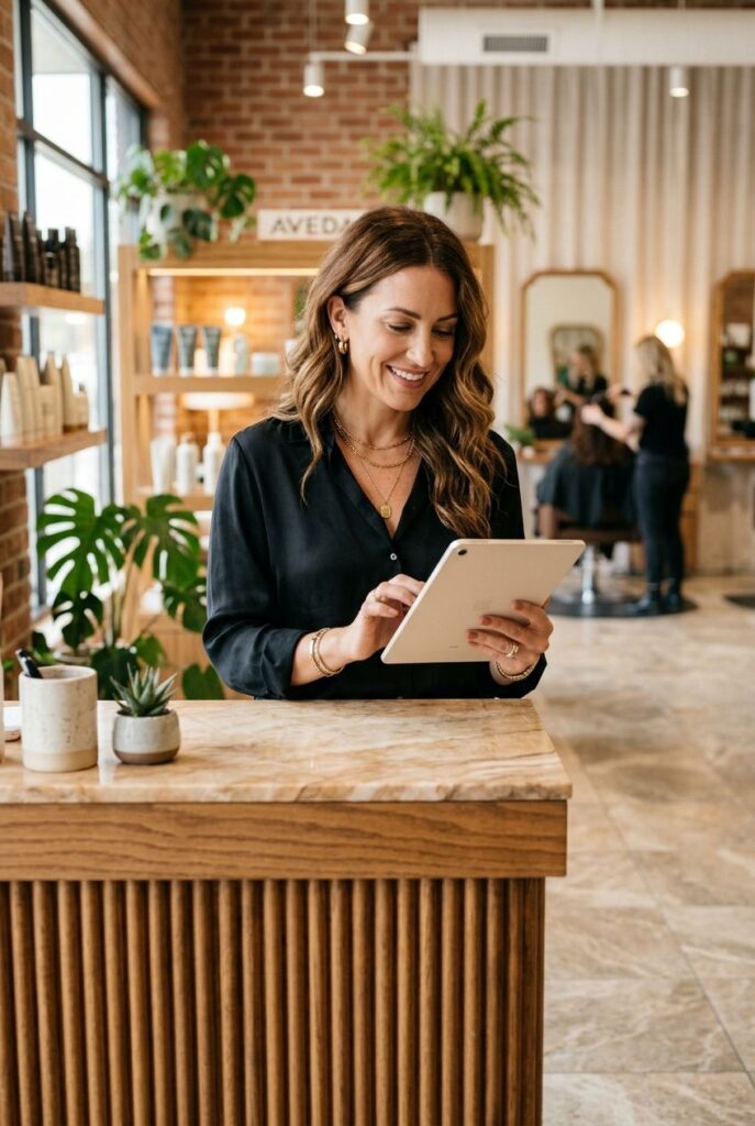 Salon owner checking the appointment schedule on a tablet at the reception desk