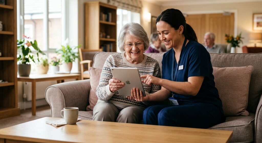 Care staff member helping a senior resident use a tablet in a community lounge