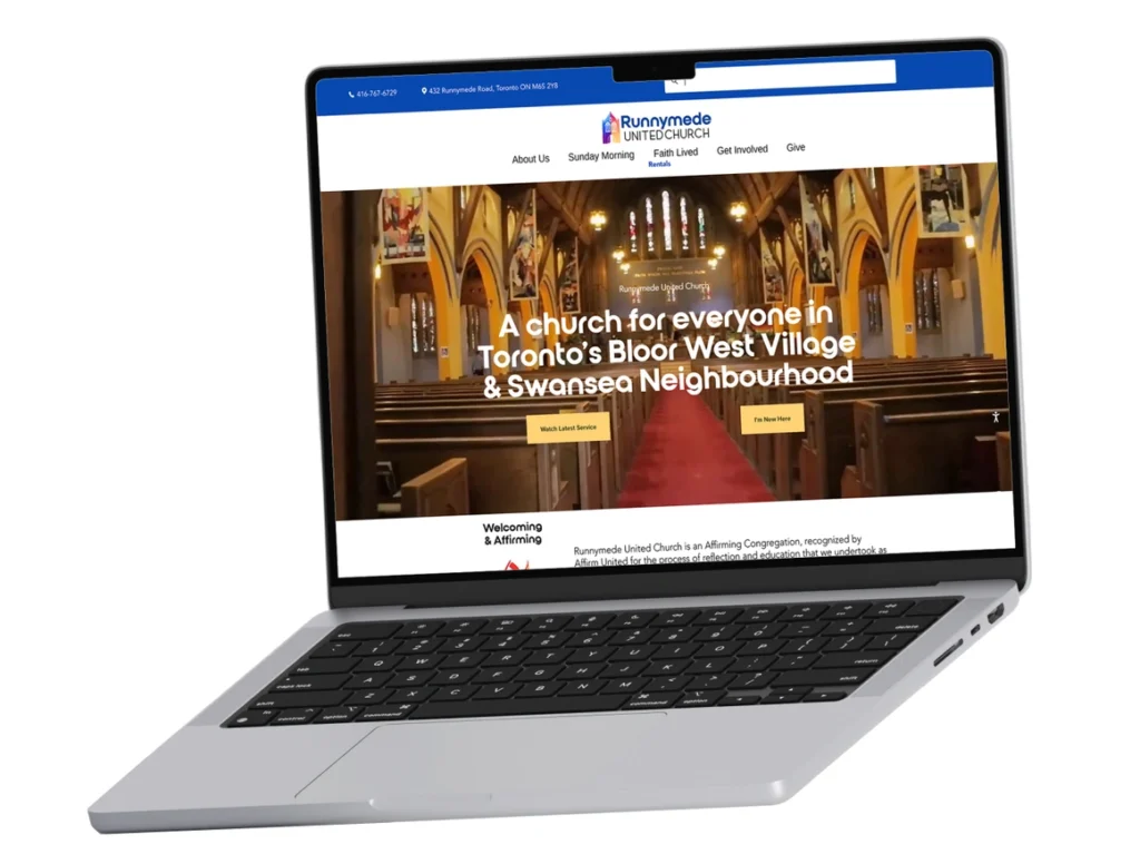 Runnymede United Church website shown on a laptop