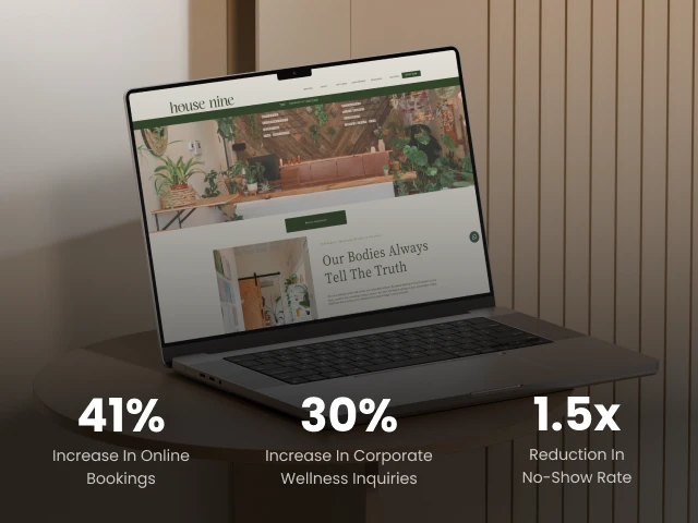House Nine website mockup with key project results