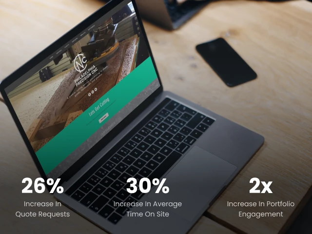 Philadelphia Precision CNC website mockup with key project results