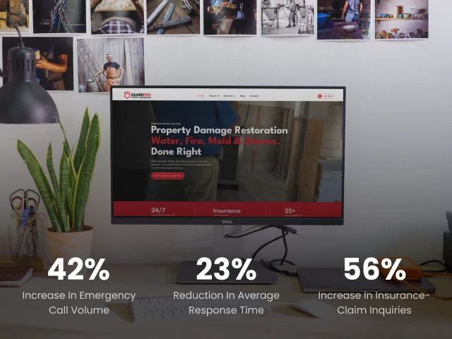 GuardPro Property Restoration website mockup with key project results